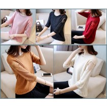 FB4629 初秋氣質美衣鏤空蕾絲拼接七分袖針織衫