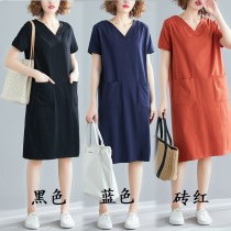 FB4944 韓版夏季中長款V領顯瘦口袋連身裙