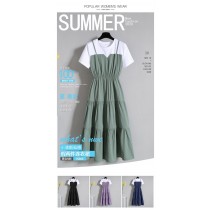 FB4996 韓版夏季拼接假兩件蛋糕裙短袖洋裝